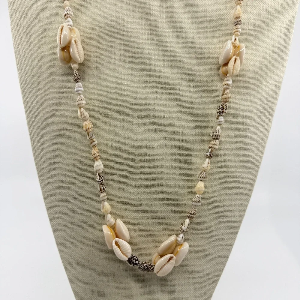 Cream Brown Cowrie Seashell Long Necklace Coastal Boho Beach Statement Gift